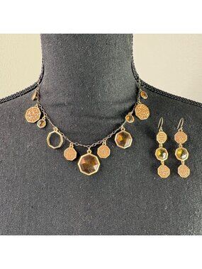 Lia Sophia Necklace Earring Set Gold Tone Dangle Amber Tone Swag Rhinestone